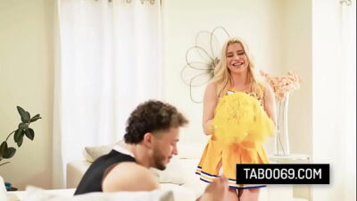Blonde milf stepmom Spencer Scott dressed as cheerleader rides on stepson’s massive cock